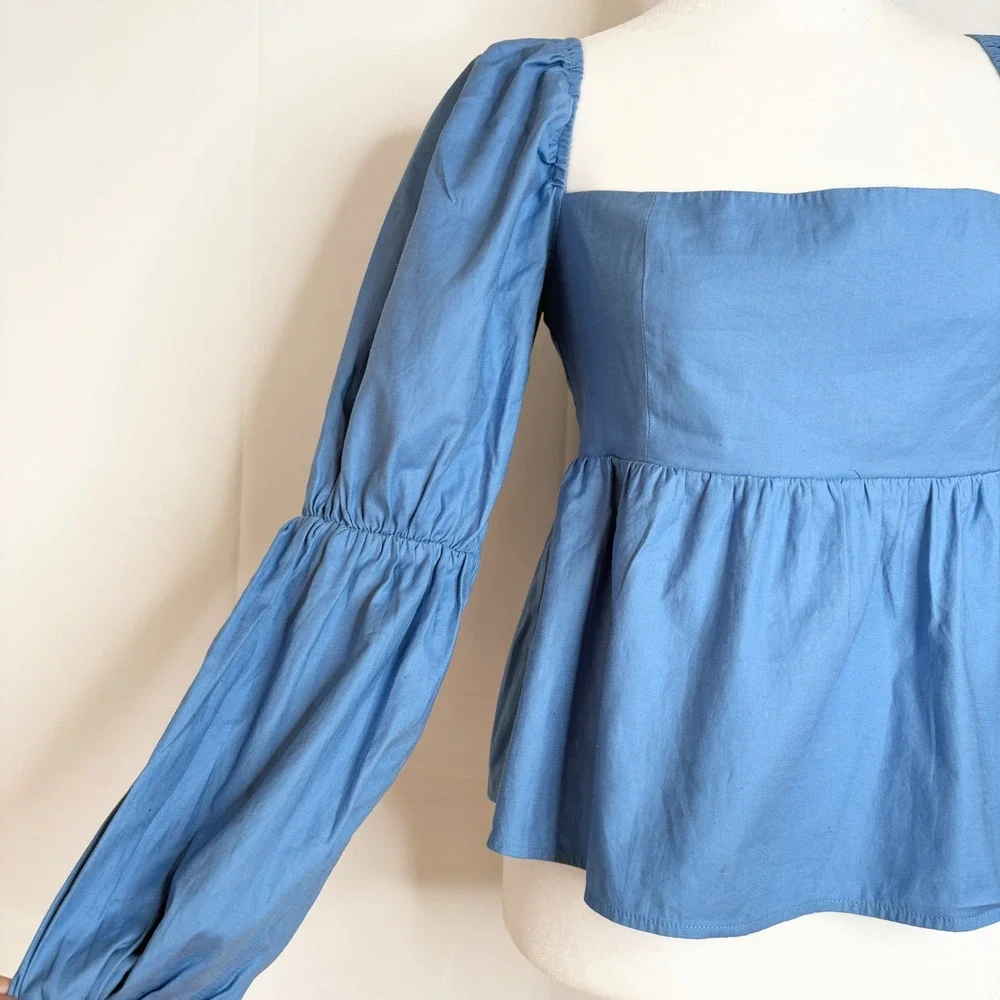 Reformation Jaxley Top Blue Peplum Babydoll Puff Sleeve Smocked Shirt Size 4